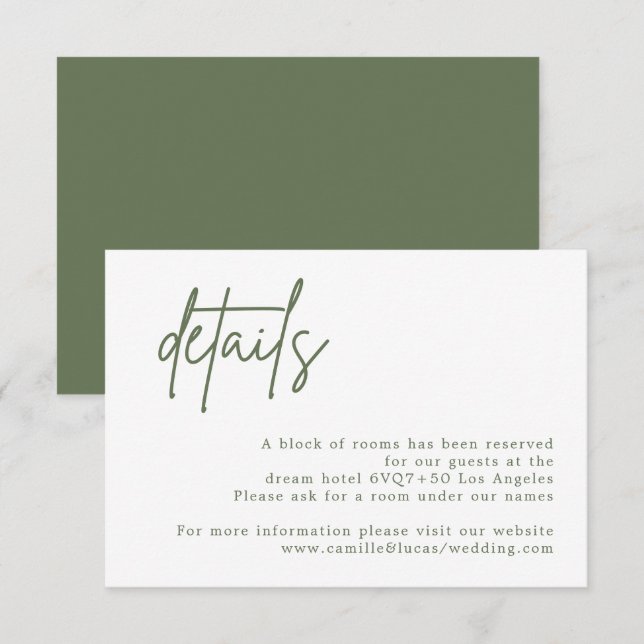 Forest Green Wedding Details card (Front/Back)