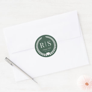 Forest Green Wedding Monogram Initials Classic Round Sticker