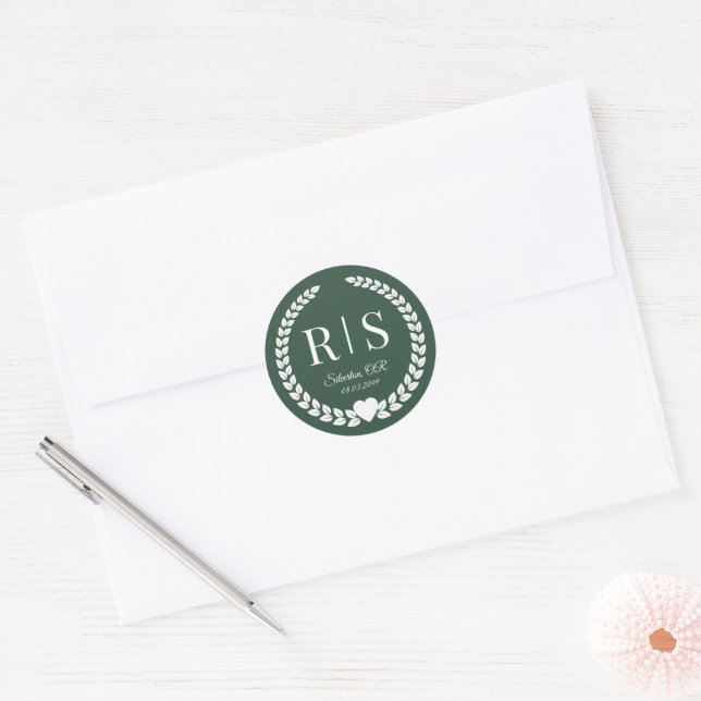 Forest Green Wedding Monogram Initials Classic Round Sticker (Envelope)