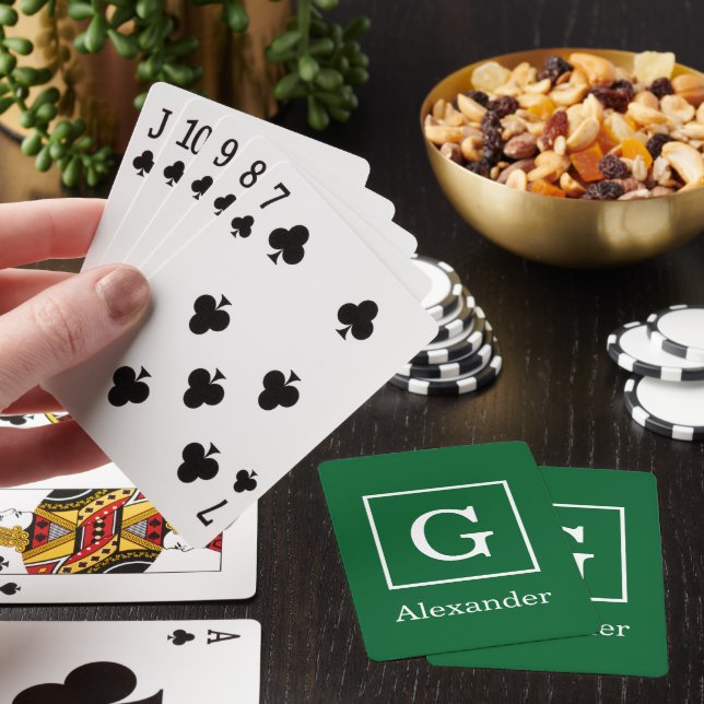 Forest Green White Framed Initial Monogram Playing Cards (In Situ)