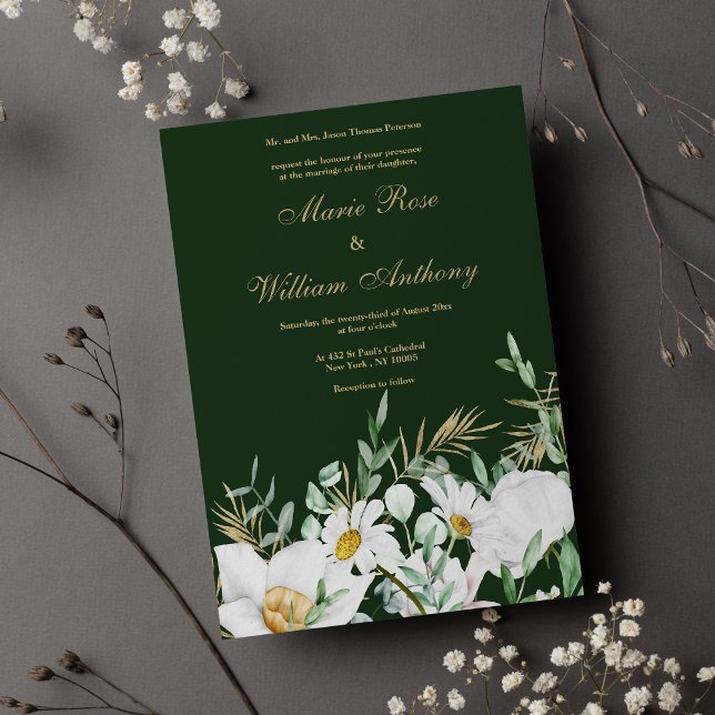 Forest green white gold daisies floral Wedding  Invitation (Forest green white gold daisies floral Wedding )