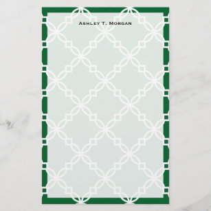 Forest Green White Large Fancy Quatrefoil Pattern Stationery
