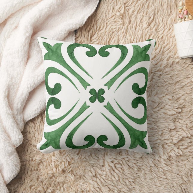 Forest Green & White Moroccan Azulejo Throw Pillow (Blanket)