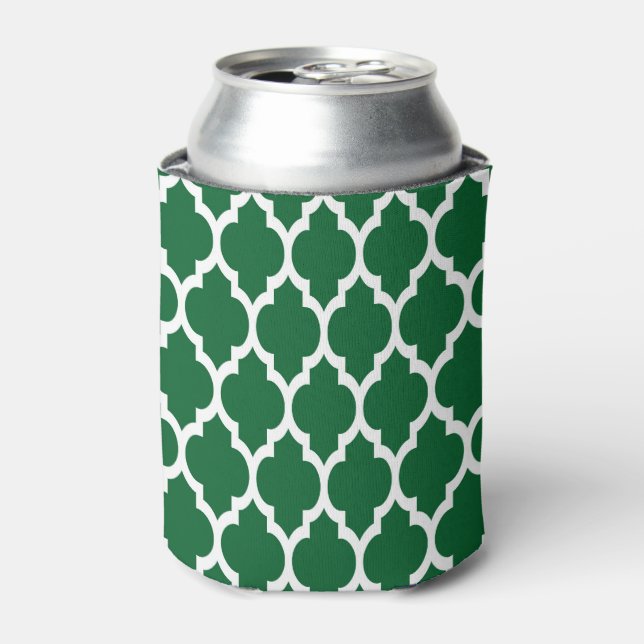 Forest Green, White Moroccan Quatrefoil Pattern #4 Can Cooler (Can Front)
