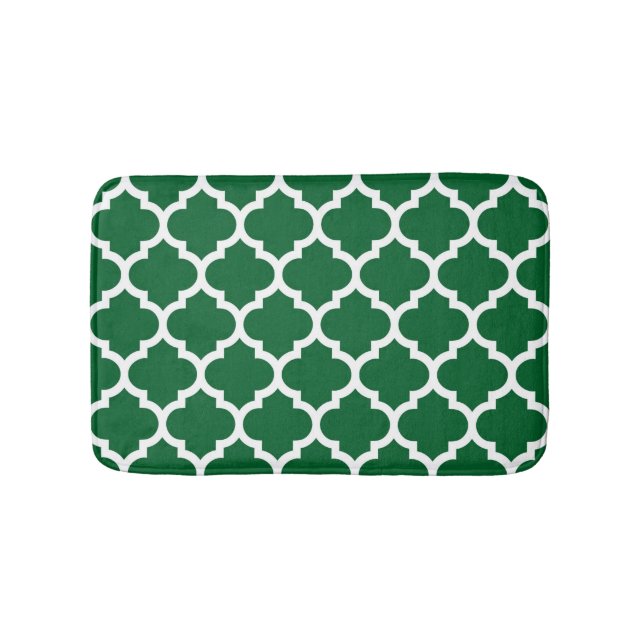 Forest Green White Moroccan Quatrefoil Pattern #5 Bath Mat (Front)