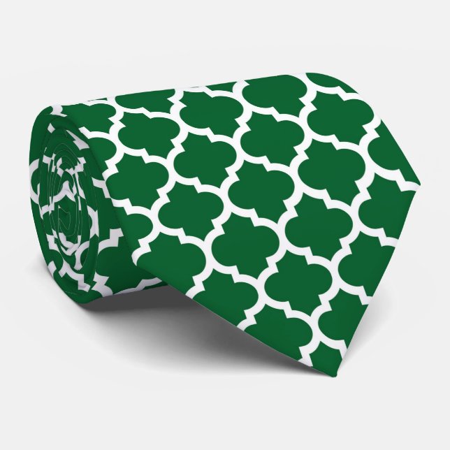 Forest Green White Moroccan Quatrefoil Pattern #5 Tie (Rolled)