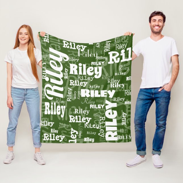 Forest Green & White Name Pattern Personalized Fleece Blanket (In Situ)