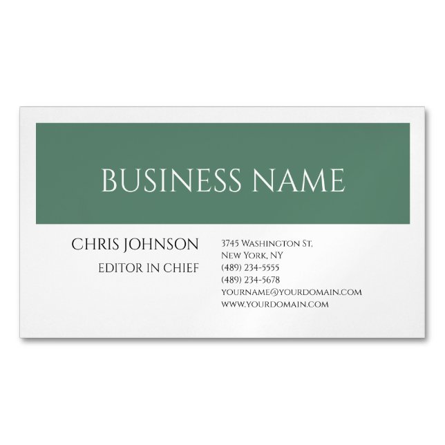 Forest Green White Plain Minimalist Artistic Magnetic Business Card (Front)