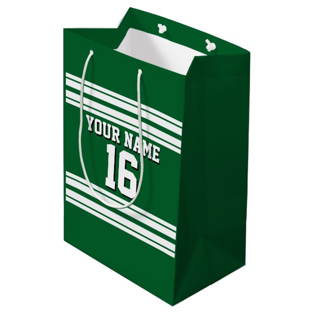 Forest Green White Team Jersey Custom Number Name Medium Gift Bag (Back Angled)