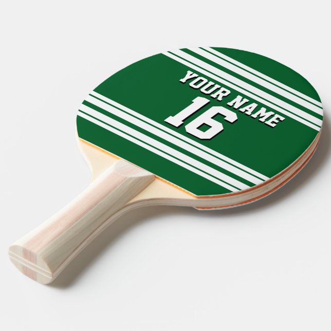 Forest Green White Team Jersey Custom Number Name Ping Pong Paddle (Front Angle)