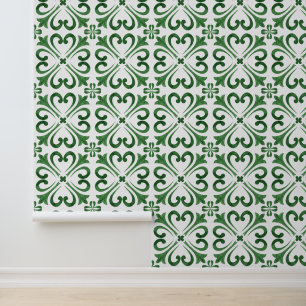 Forest Green White Watercolor Floral Moroccan Tile Wallpaper