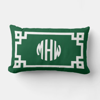 Forest Green Wht Circle Monogram Greek Key DIY BG Lumbar Pillow