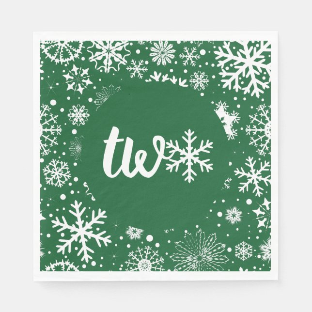 Forest Green Winter Second Birthday Snowflake  Napkin (Front)