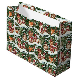 Forest Green Winter Woodland Friends Pattern Large Gift Bag