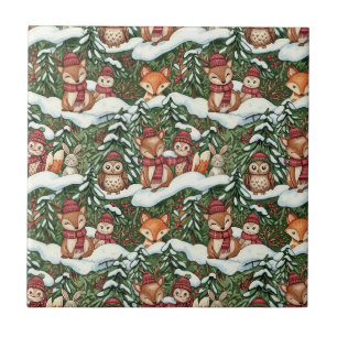 Forest Green Winter Woodland Friends Pattern Tile