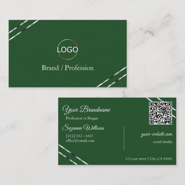 Forest Green with Silver Lines Logo and QR Code Business Card (Front/Back)
