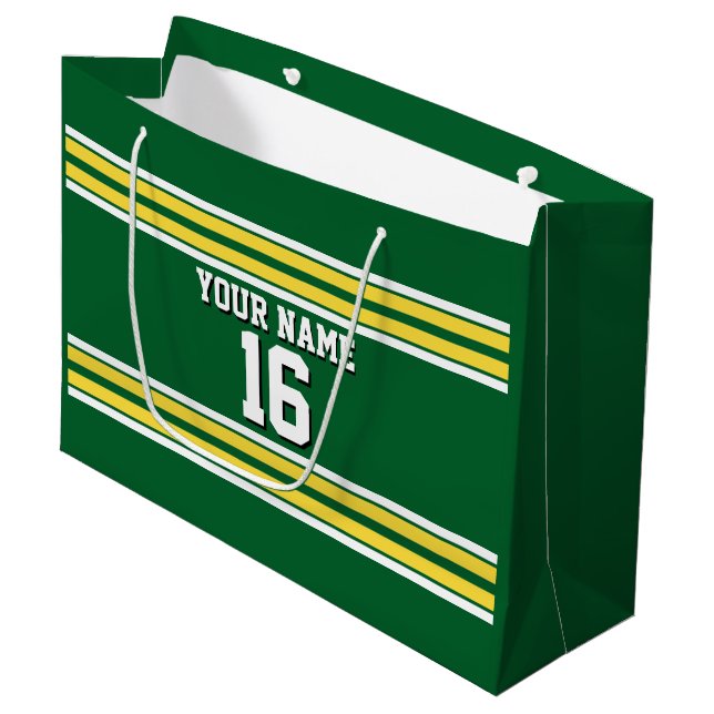 Forest Green with Yellow White Stripes Team Jersey Large Gift Bag (Front Angled)