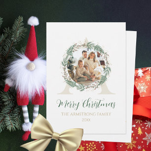 Forest Green Wreath Gold Photo Christmas Greeting  Holiday Card