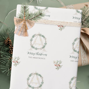 Forest Green Wreath Monogram Christmas Family Wrapping Paper