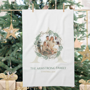 Forest Green Wreath Monogram Home Accent Kitchen Towel