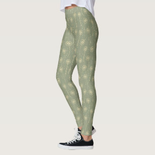 forest green yellow bohemian dandelions pattern leggings