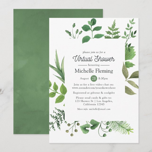 Forest Greenery Virtual Baby or Bridal Shower Invitation (Front/Back)