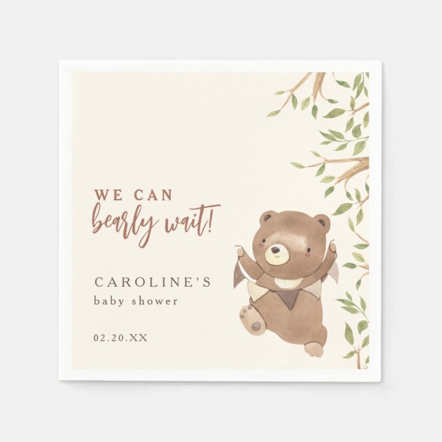 Forest Greenery We Can Bearly Wait Boy Baby Shower Napkin (Front)