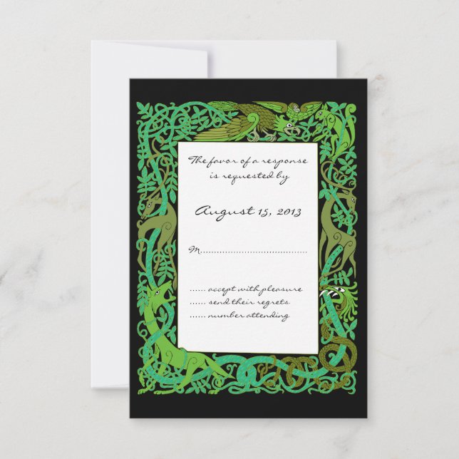 Forest Greens Celtic Animals Design Wedding RSVP Card (Front)