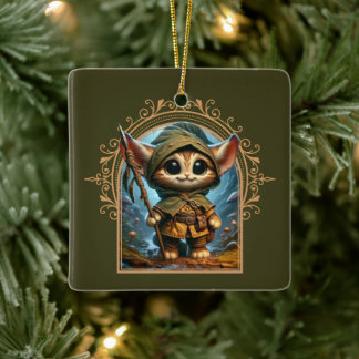 Forest Guardian Cat – Whimsical Fantasy Animal Ceramic Ornament