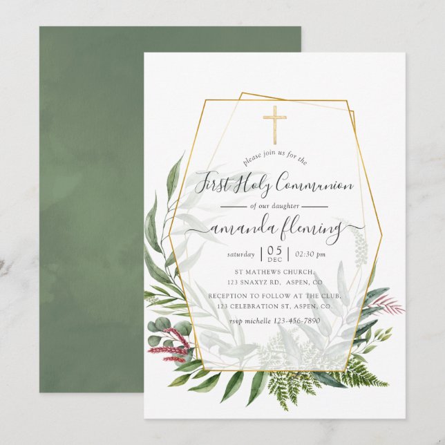 Forest Herbarium Geometric First Holy Communion Invitation (Front/Back)