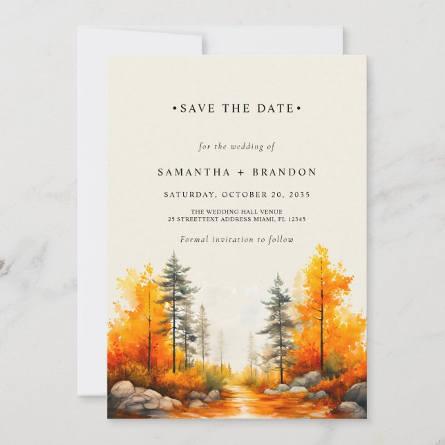 Forest in fall colours wedding save the date (Front)