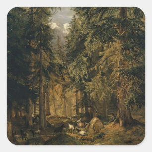Forest in the High Mountains with Flock of Goats Square Sticker