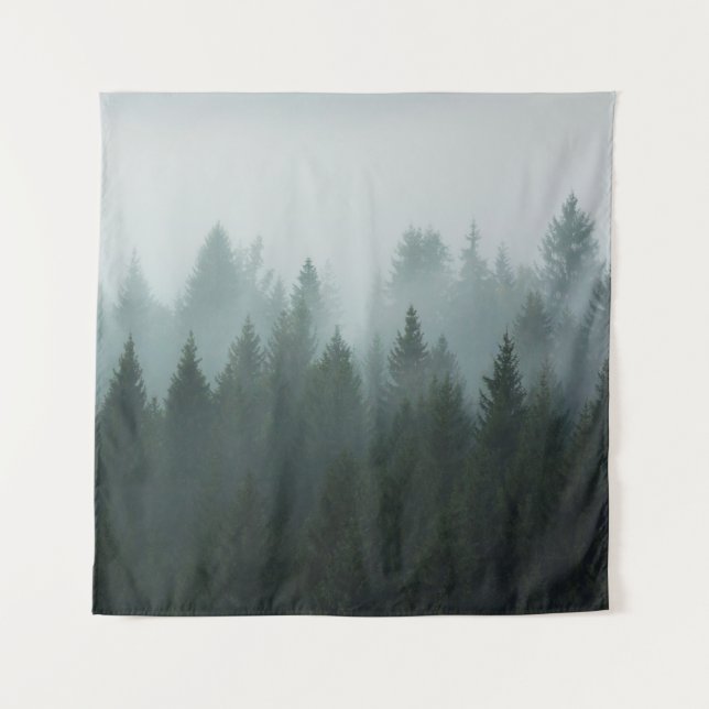 Forest in the morning mist in the mountain. Spruce Tapestry (Front)