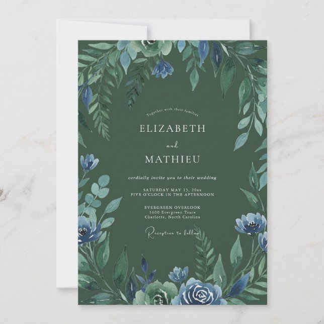 Forest Indigo Leafy Wedding Invitation (Front)