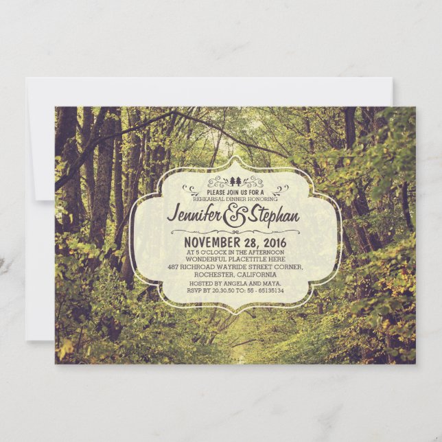 forest inspired tree avenue rehearsal dinner invitation (Front)