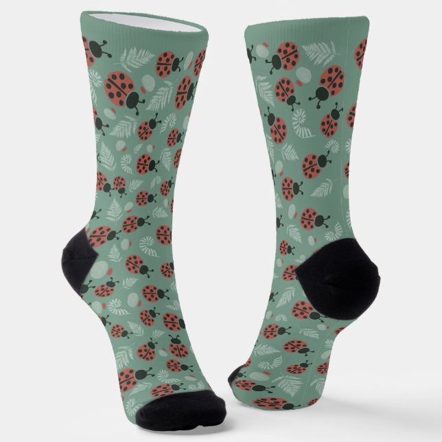 Forest Ladybugs Green Background Socks (Angled)