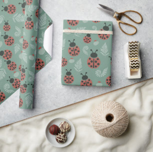 Forest Ladybugs Green Background Wrapping Paper