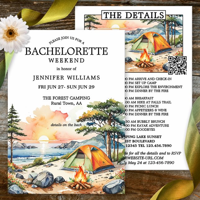 Forest Lake Camping Bachelorette Weekend Invitation (Bachelorette weekend itinerary invitation featuring a watercolor forest with lake, tent and campfire)