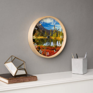 Forest Lake Mountains Autumn Colours Watercolor Clock