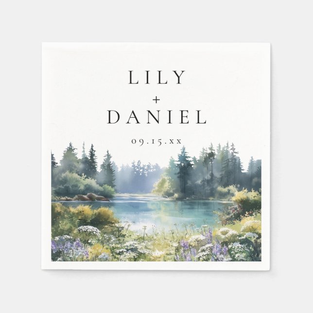 Forest Lakeside Wildflower Floral Wedding Napkin (Front)