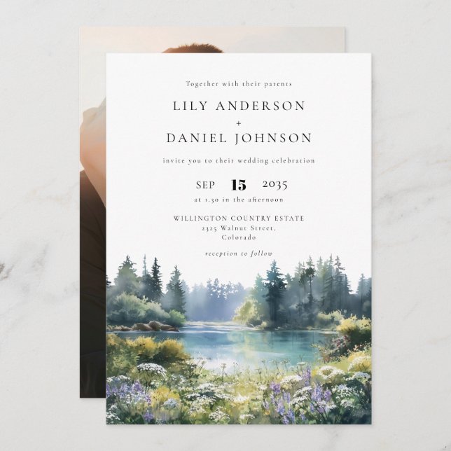 Forest Lakeside Wildflowers Floral Photo Wedding Invitation (Front/Back)