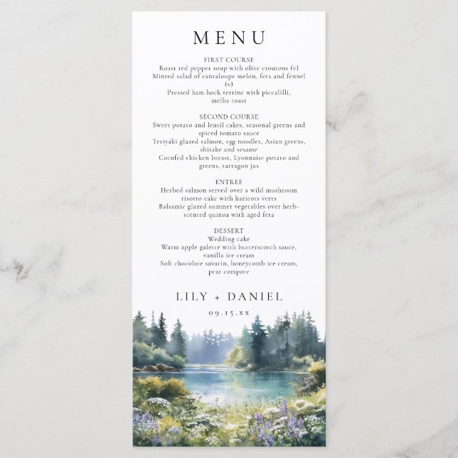 Forest Lakeside Wildflowers Floral Wedding Menu (Front)