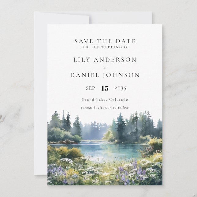 Forest Lakeside Wildflowers Floral Wedding Save The Date (Front)