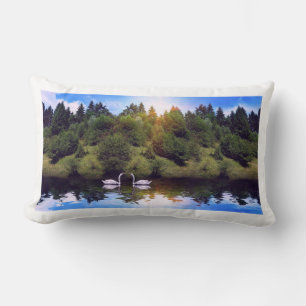 Forest landscape & river with Two Swans  Lumbar Pillow