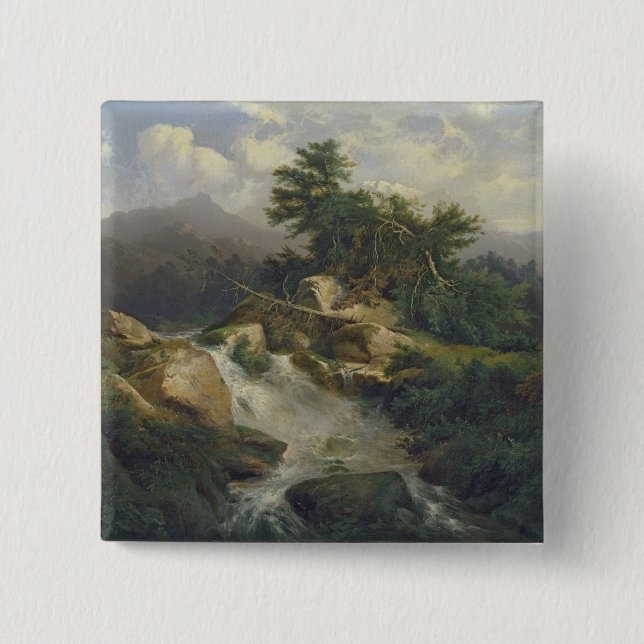 Forest Landscape with Waterfall 2 Inch Square Button (Front)