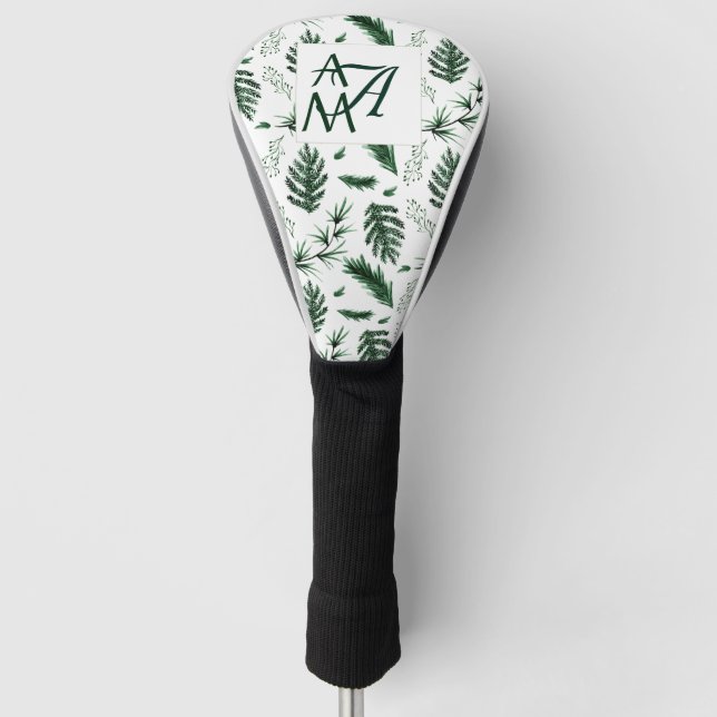 Forest Leaves Green Monogram 3 Initials Newlyweds Golf Head Cover (Front)