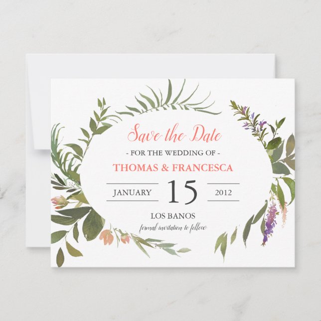 Forest Leaves Watercolor Save the Date Card (Front)