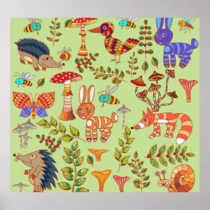 Forest Life: Vintage Flora Fauna Illustration Poster