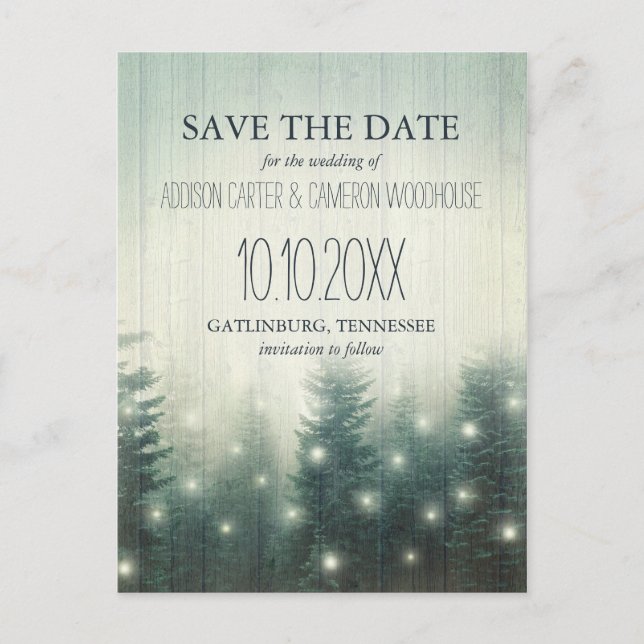 Forest Lights | Rustic Save the Date Announcement Postcard (Front)