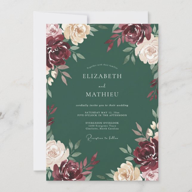 Forest Maroon Blossom Wedding Invitation (Front)